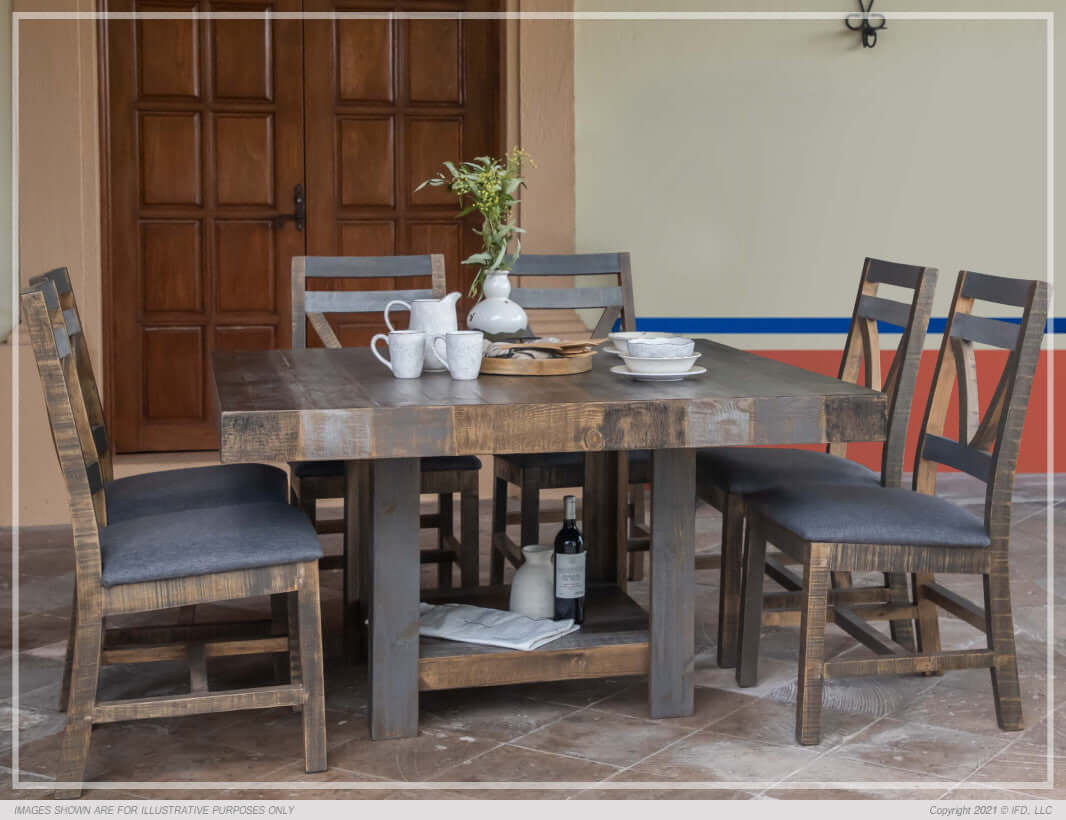 Side angle of the Loft Brown 54" Square Dining Table set for a family meal.