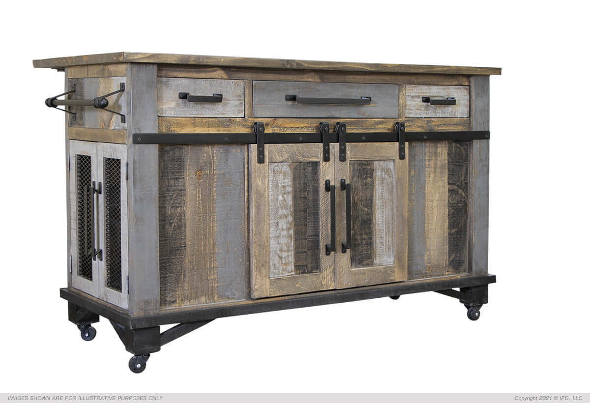 Kitchen island with hidden casters and sliding barn-style doors.