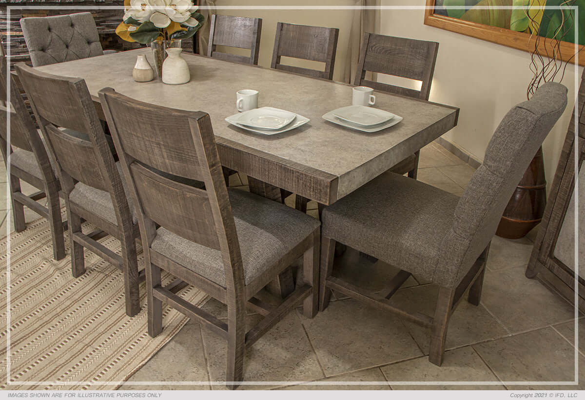 Top view of faux marble dining table set for dinner.