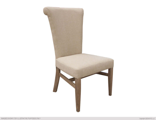 Bonanza Dining Chair with beige upholstery and wooden legs.