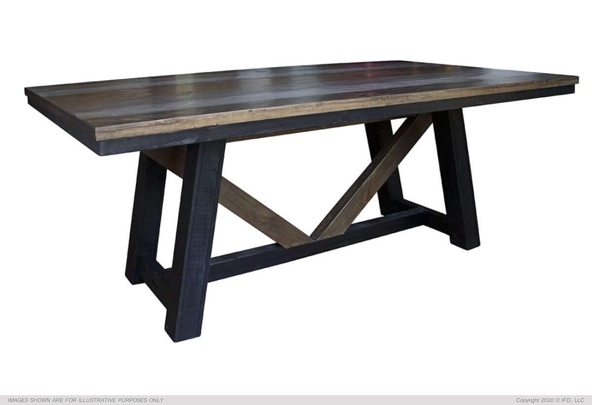 Antique Gray Dining Table with hand-painted gray and brown finish, robust legs and cross-bracing for stability.