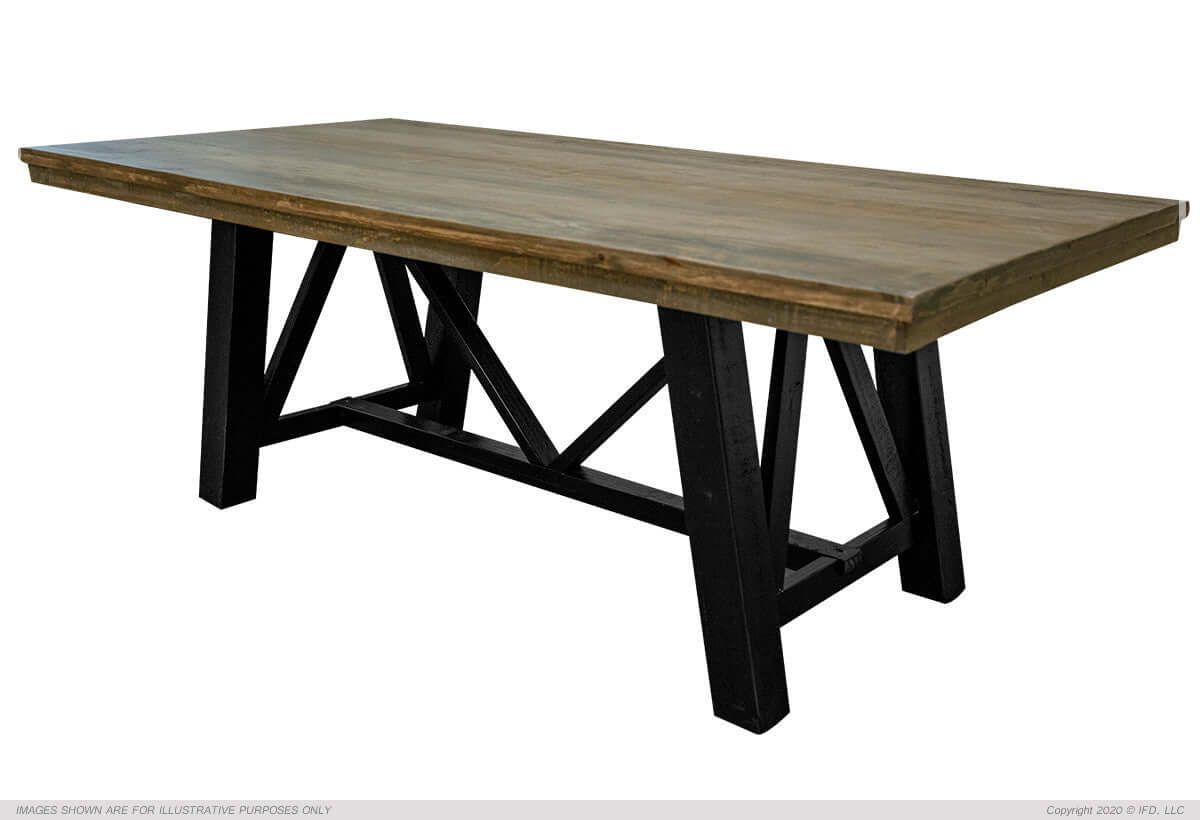 Full view of the Loft Brown Transitional Dining Table showcasing its reclaimed wood finish.