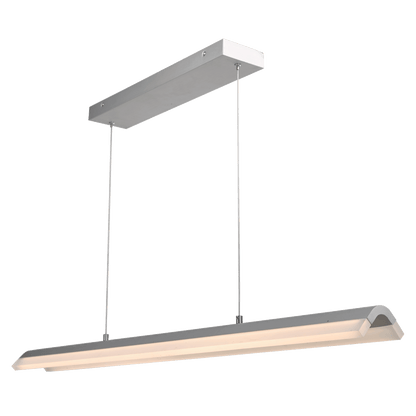 Sleek brushed aluminum bar pendant light angled perspective.
