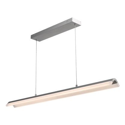 Brushed aluminum bar pendant light glowing from bottom angle.
