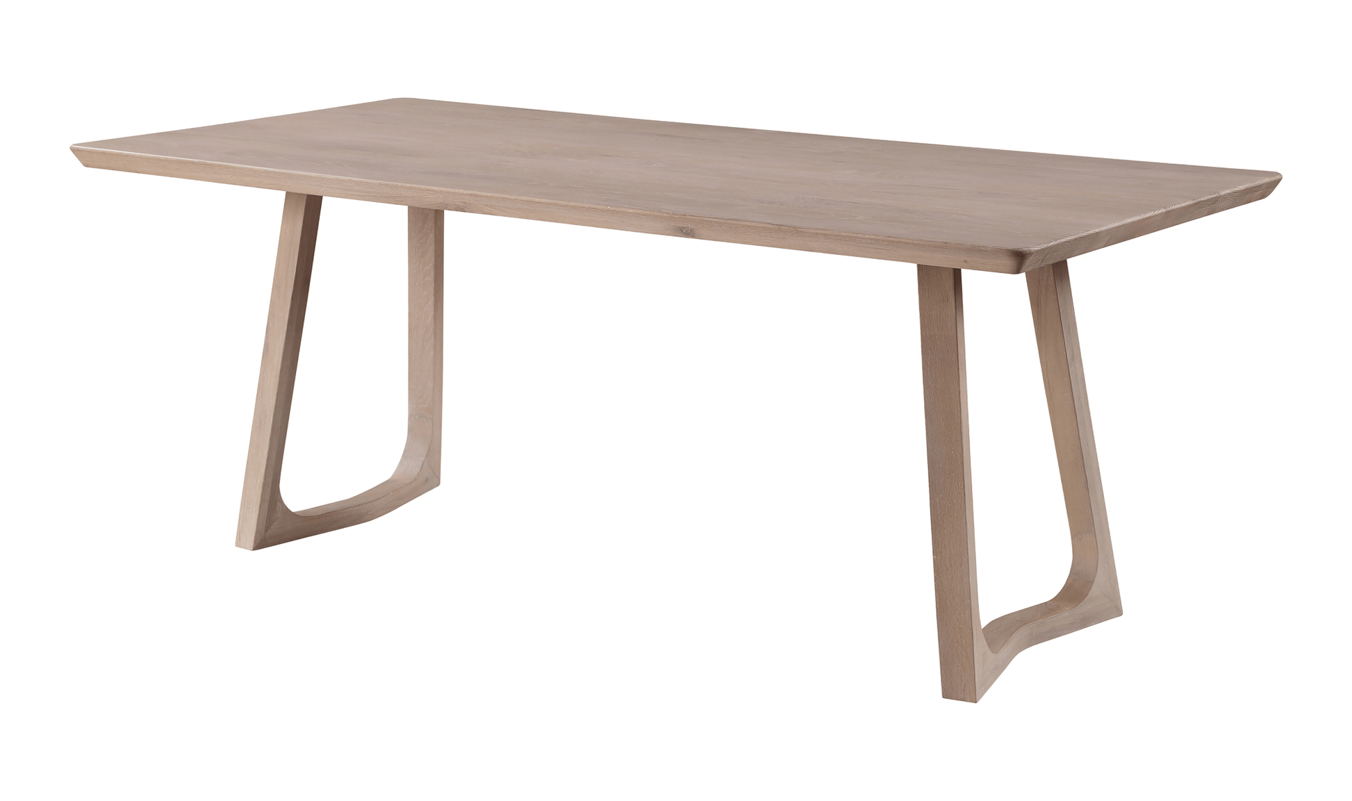 Side angle of Silas White Oak Dining Table featuring a whitewash finish and modern airy base.