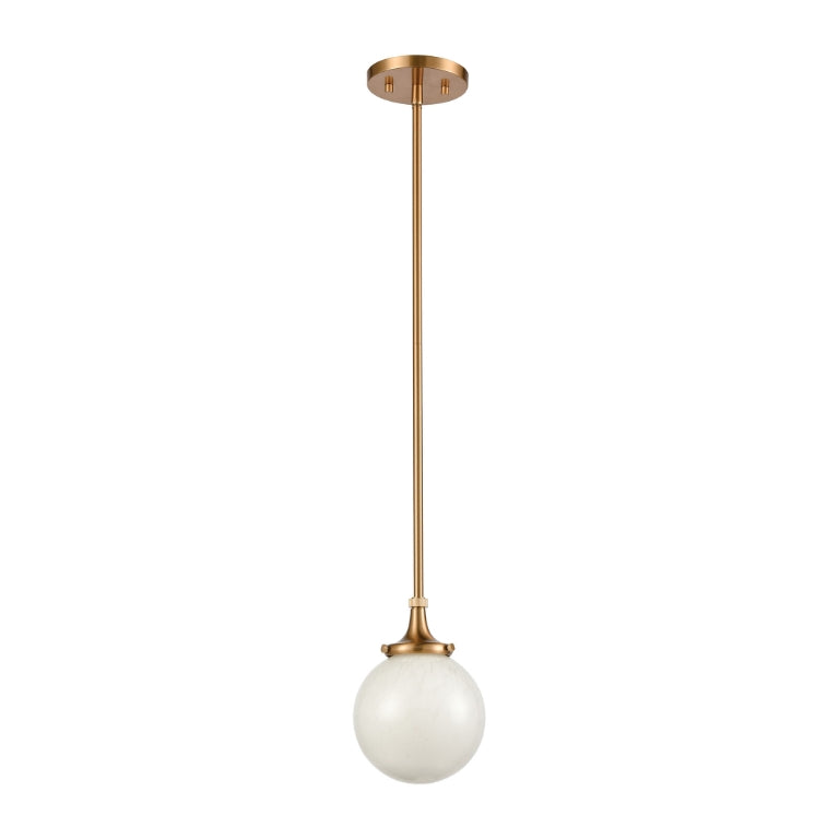 Satin brass mini pendant light with white feathered glass globe shade hanging from ceiling.