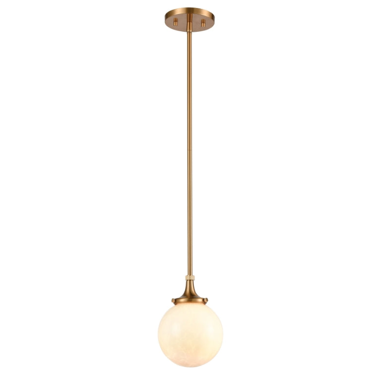 Satin brass mini pendant light with a white globe-shaped feathered glass shade.