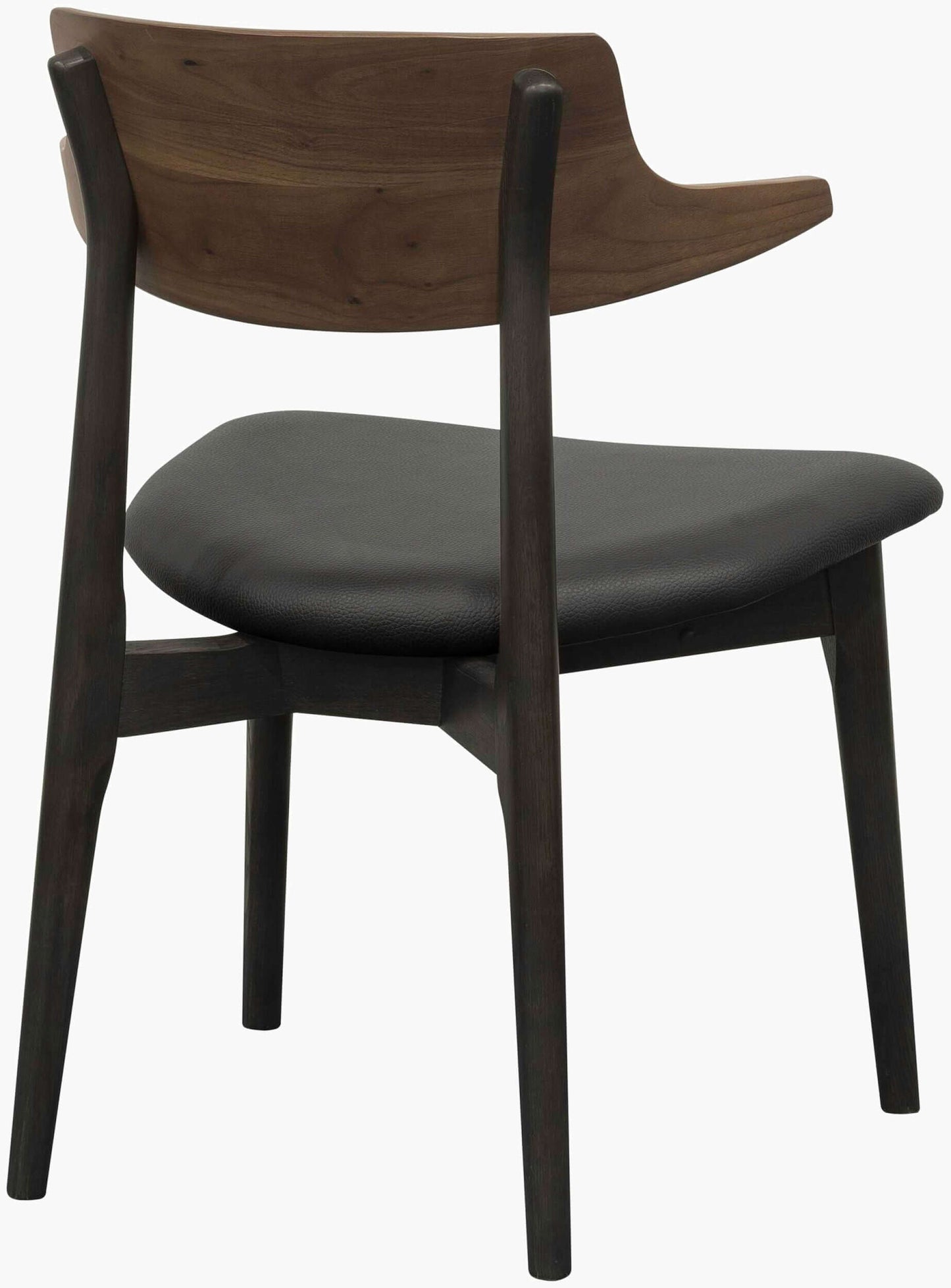 Back view of the Billings Dining Chair by Surya highlighting the oak wood backrest and black faux leather seat.