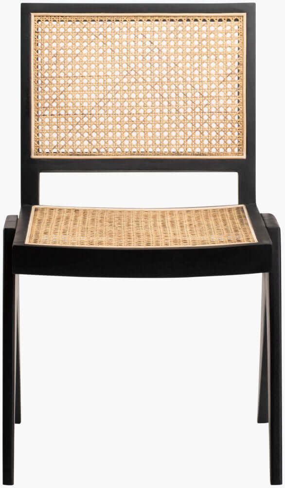 Front view of a black-frame rattan dining chair, showcasing a blend of modern design and natural materials.