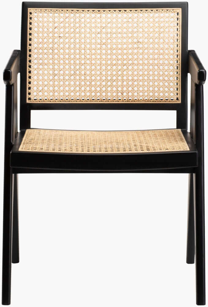 Front view of black rattan dining arm chair.