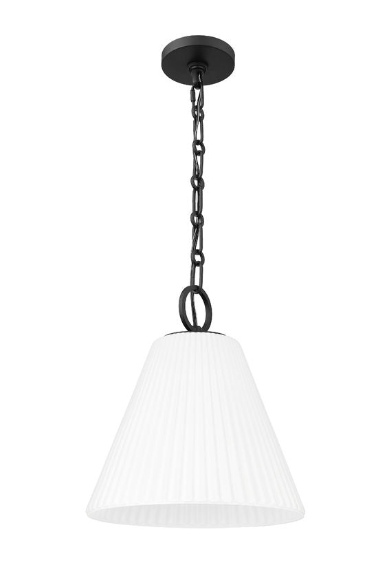 Black hanging pendant light with tapered pleated white shade.