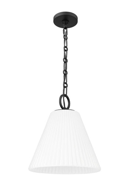 Black hanging pendant light with tapered pleated white shade.