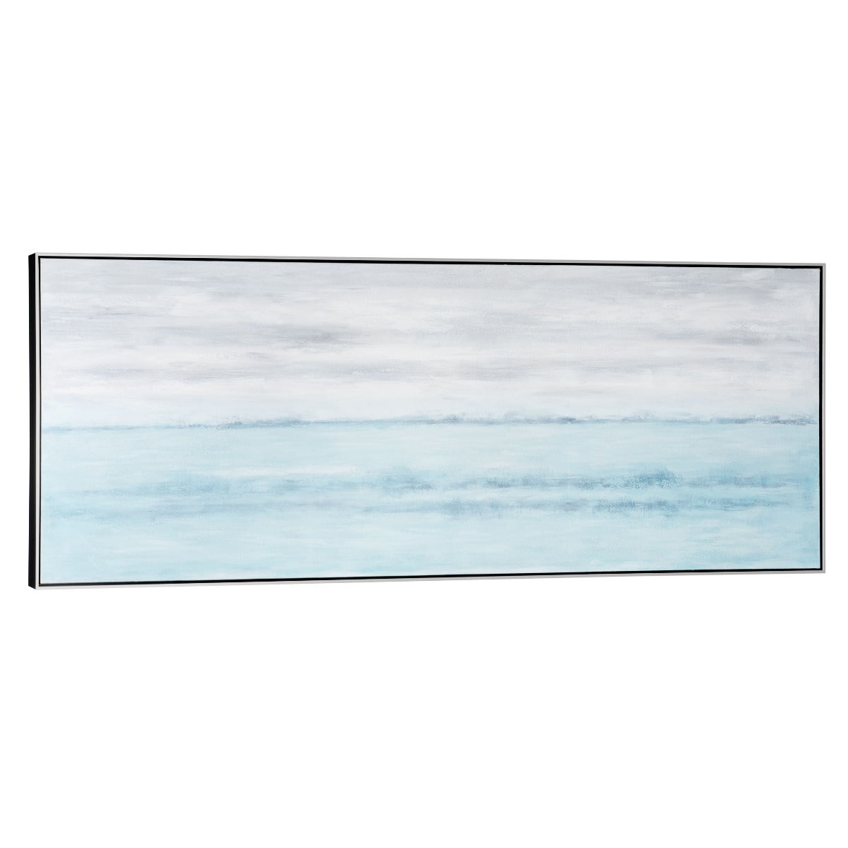 Angled view of Blue Horizon canvas with black and silver floater frame.