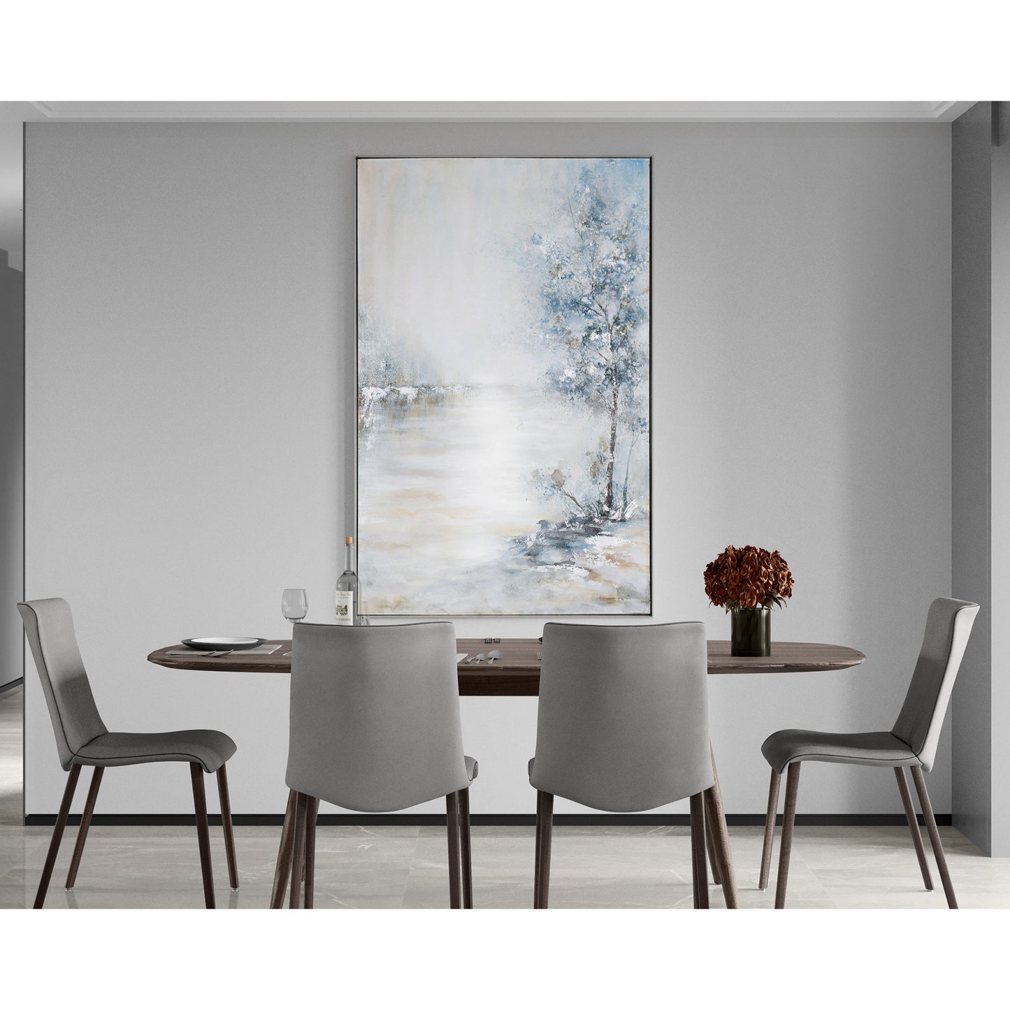 Blue Meadow hand-painted canvas with silver accents displayed in a modern dining room above a table.