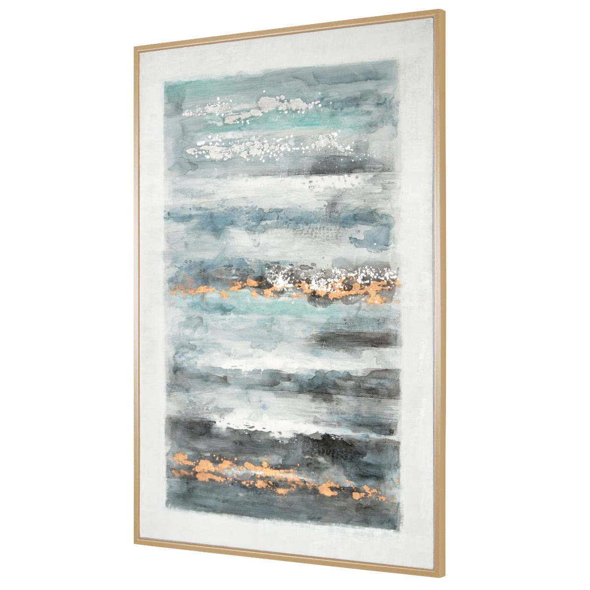 Handpainted oversized wall art in calming tones with gold details and PS composite frame.