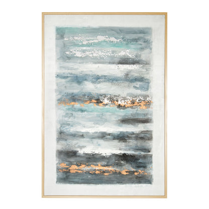 Abstract painting with soft blues, greys, and gold foil accents framed in gold.