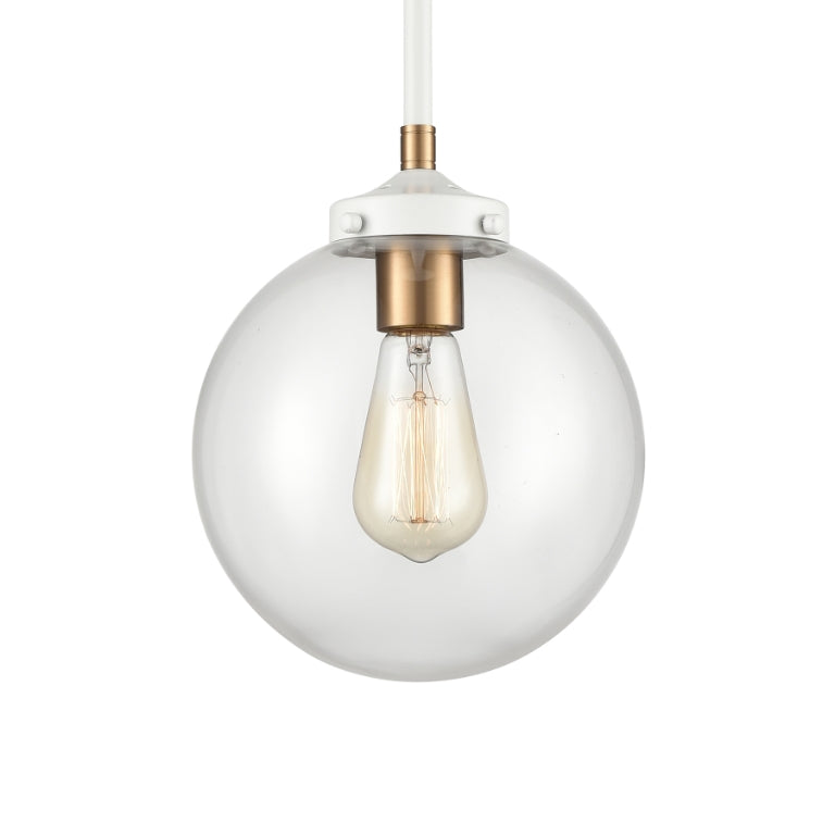 Close-up of clear glass globe showcasing the bulb and satin brass detailing.