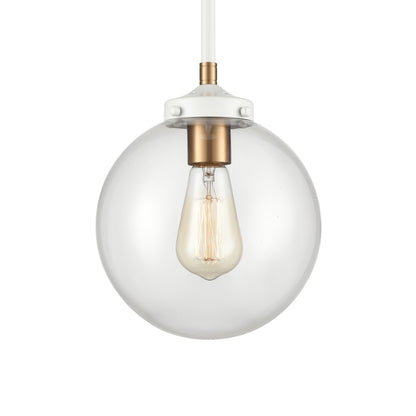 Close-up of clear glass globe showcasing the bulb and satin brass detailing.