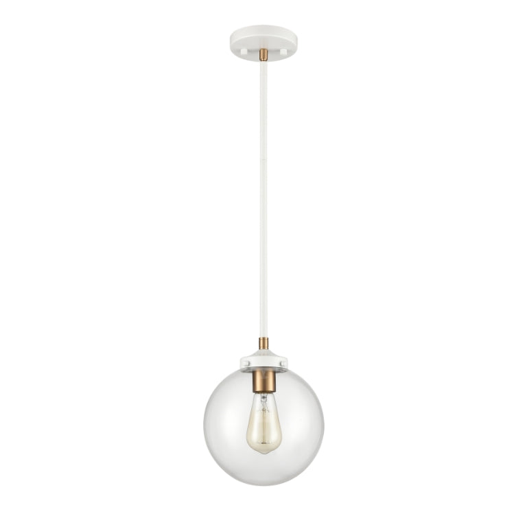 Modern globe pendant light with a matte white frame, satin brass accents, and a clear glass shade.