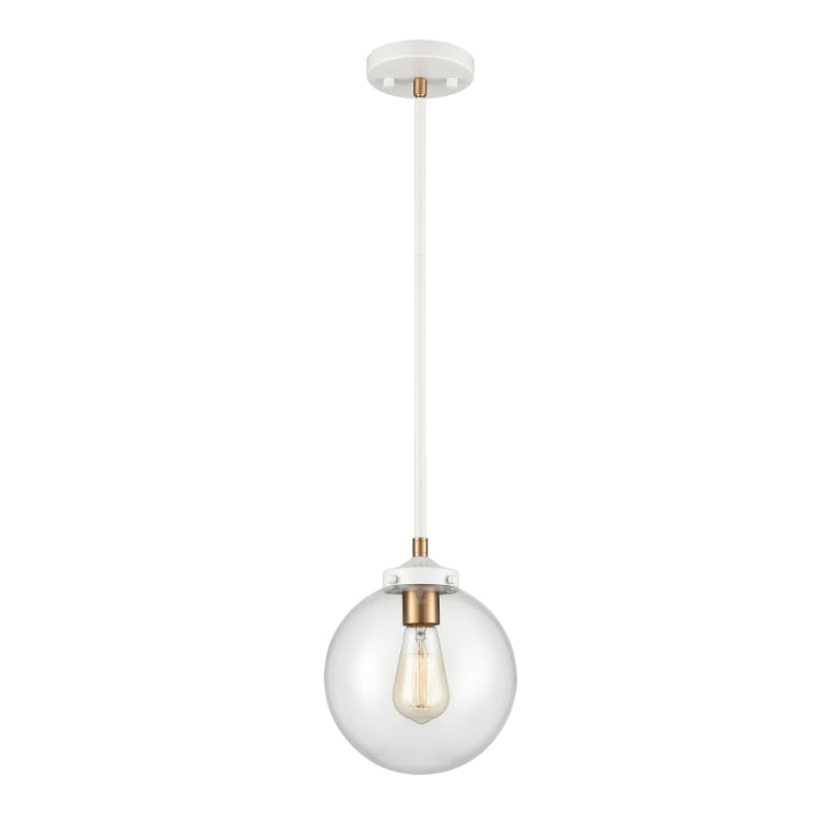 Modern globe pendant light with matte white frame and handblown clear glass shade.