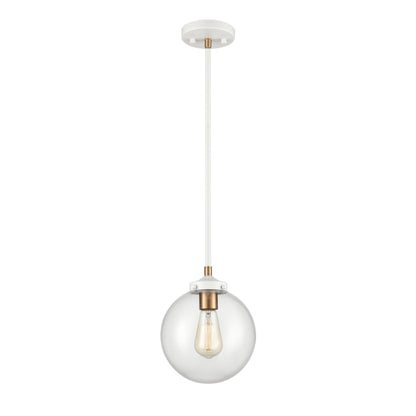 Modern globe pendant light with matte white frame and handblown clear glass shade.