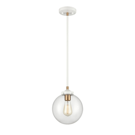 Modern globe pendant light with matte white frame and handblown clear glass shade.