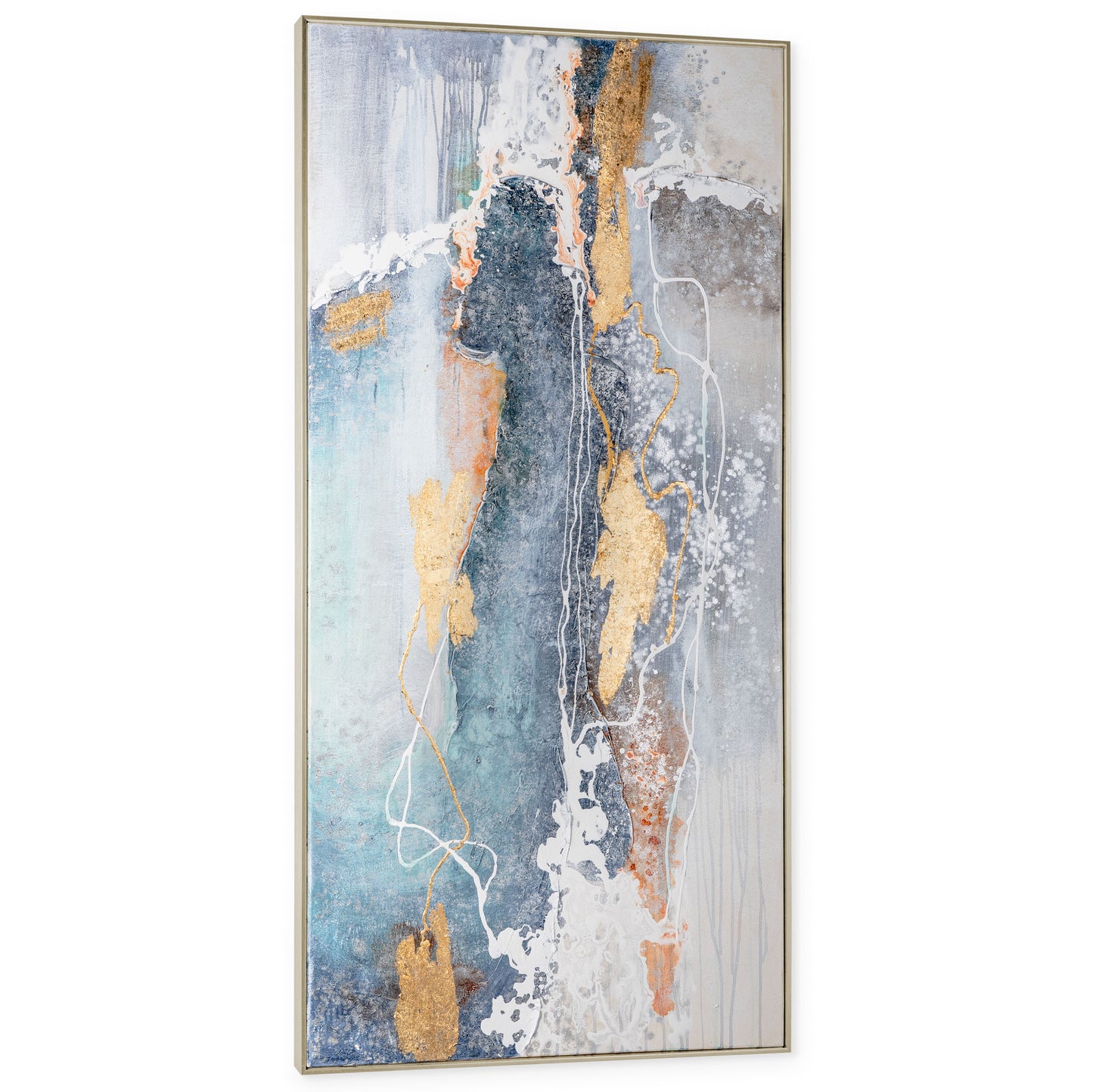 Abstract painting with vivid blue, rust, and gold accents in a silver frame.