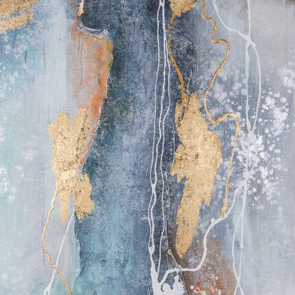 Close-up of brushstrokes and gold leaf detailing on the Bounding Main painting.