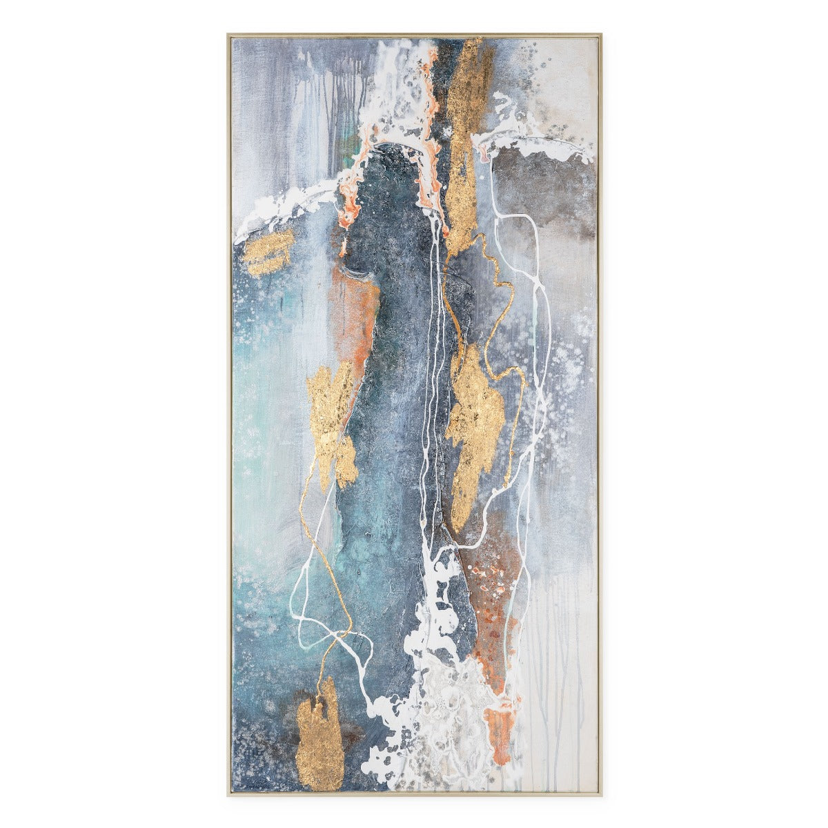 Vertical textured wall art featuring coastal-inspired colors and metallic highlights.