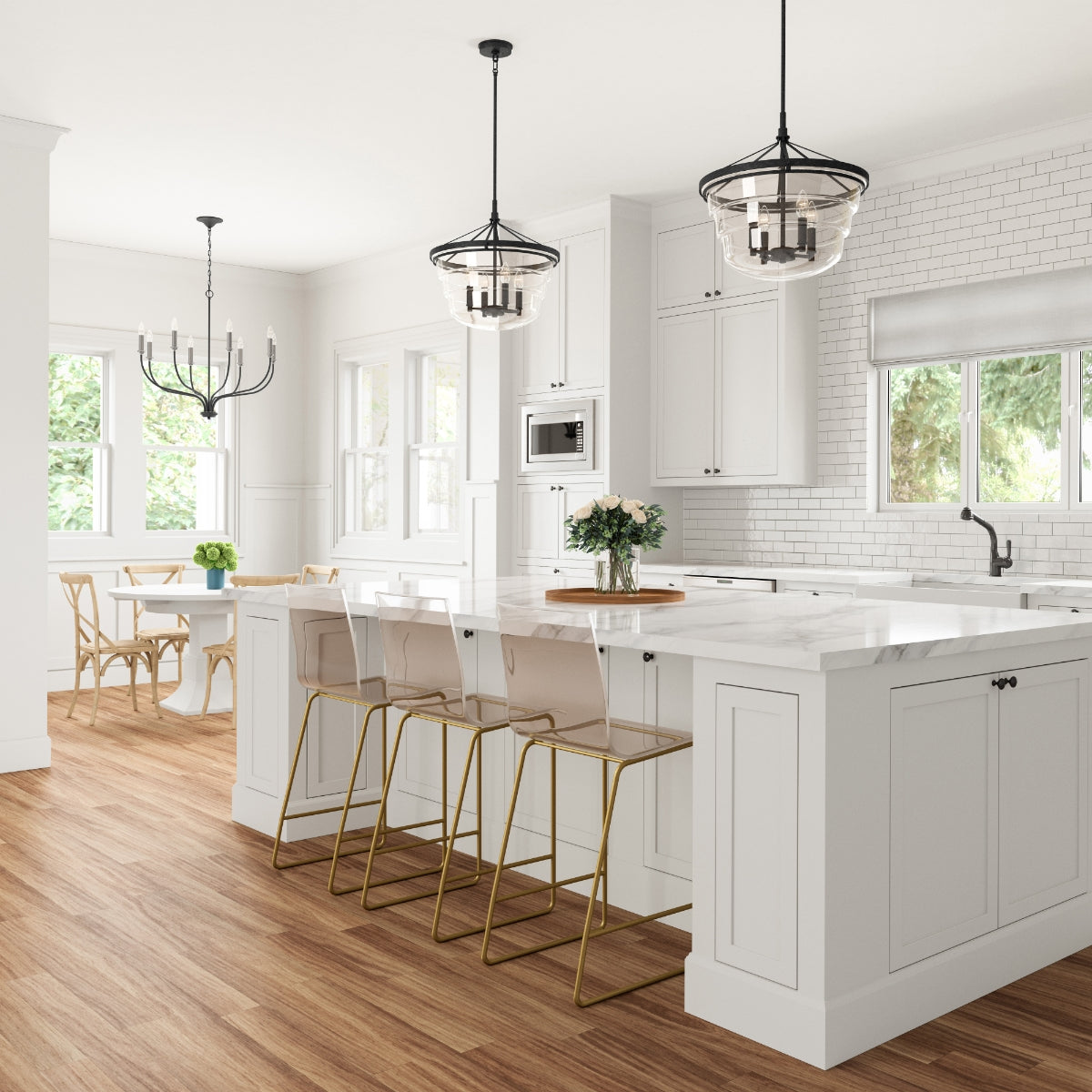 Boyer pendant light hanging over a modern kitchen island.