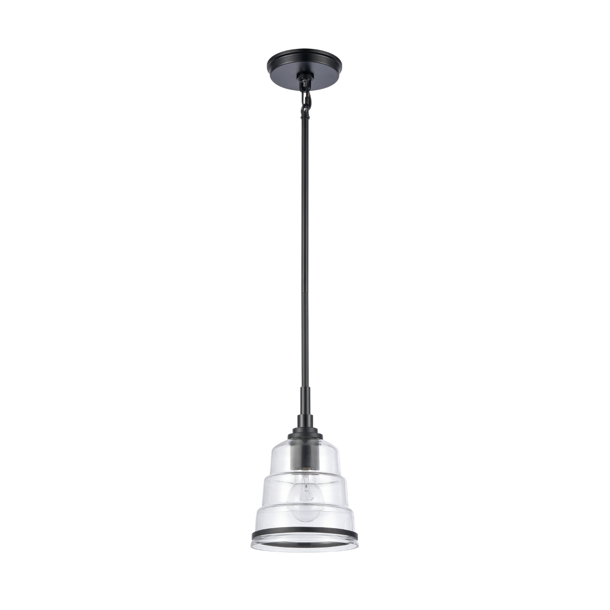 Boyer 6.5" mini pendant light with a matte black frame and stepped clear glass shade.