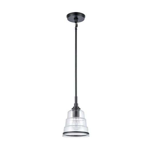 Boyer 6.5" mini pendant light with a matte black frame and stepped clear glass shade.