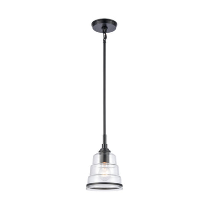 Boyer 6.5" mini pendant light with matte black frame and stepped handblown clear glass shade.