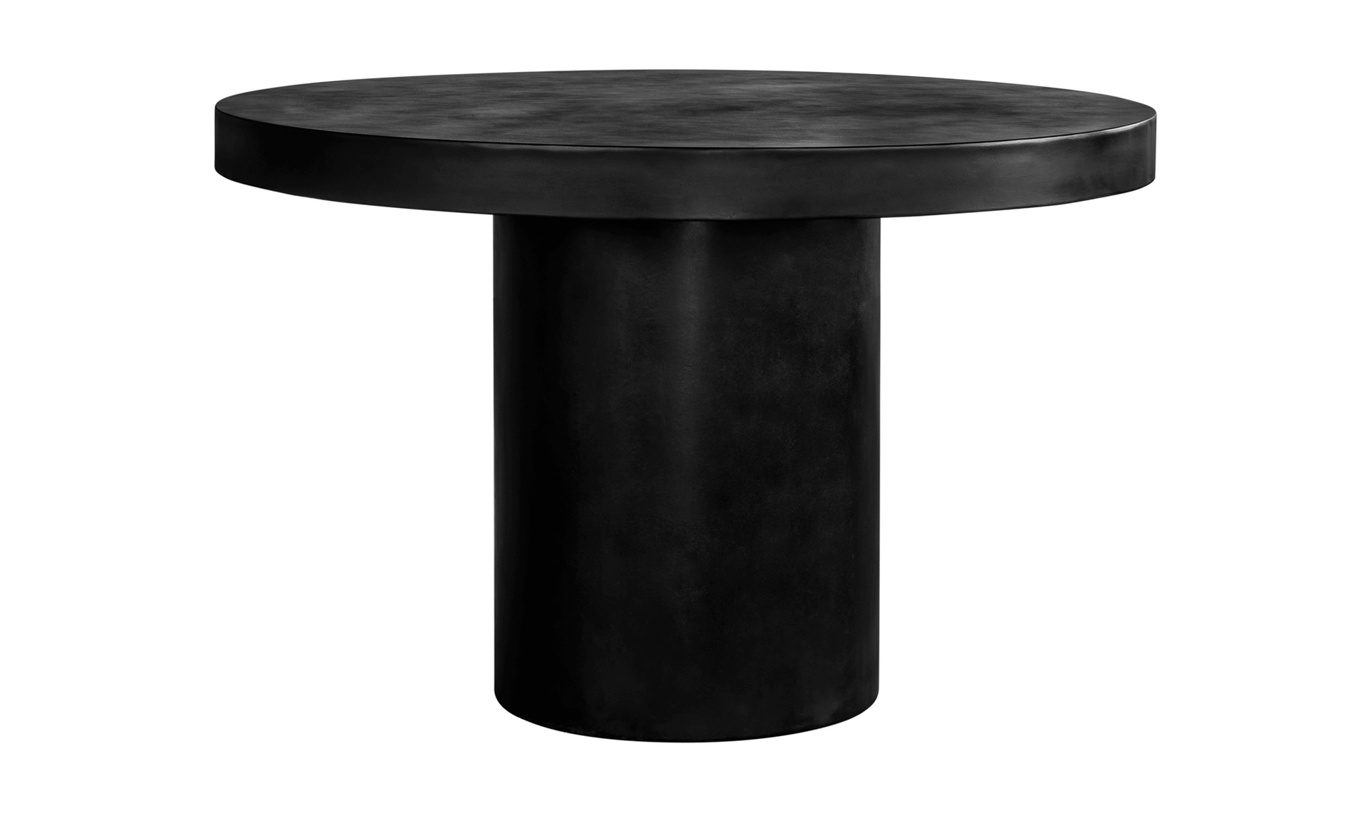 Full view of the black Cassius round outdoor dining table highlighting its sleek design and sturdy base.