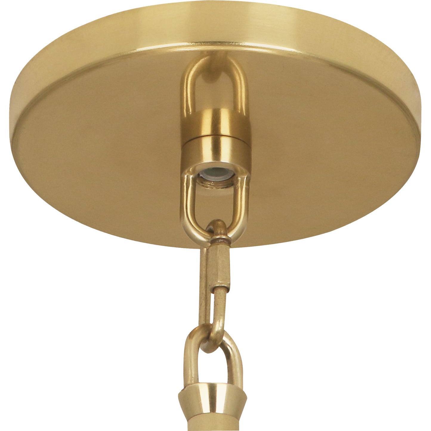 Close-up of a brass ceiling canopy with chain attachment for a pendant light.