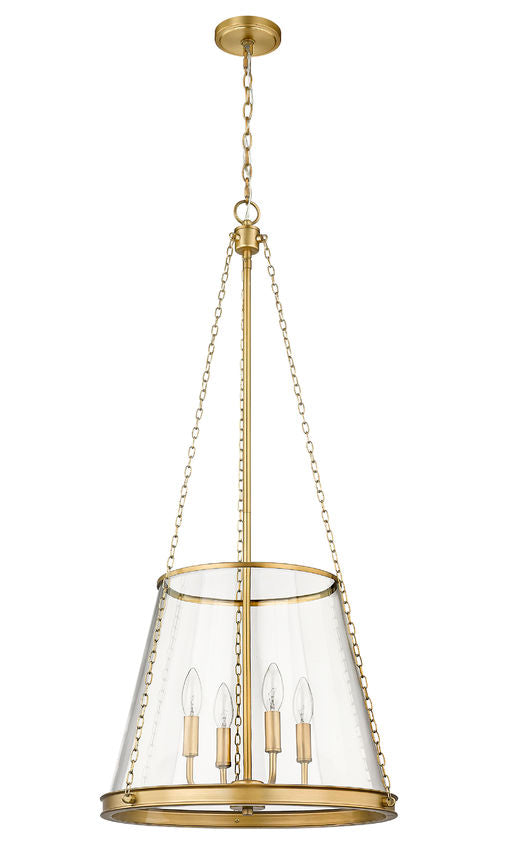 Brass pendant light with clear tapered glass shade and four candle bulbs.