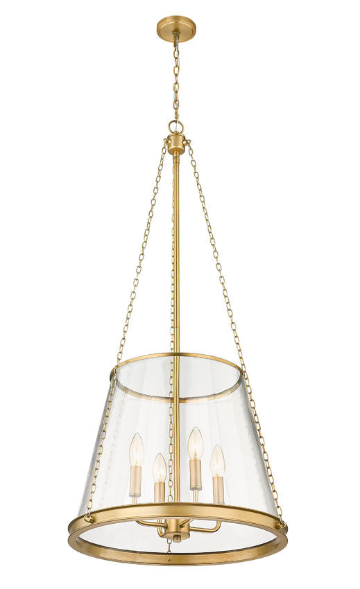 Brass cone-shaped glass pendant light with four candles and chain suspension.