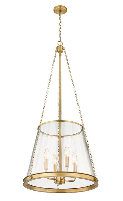 Brass cone-shaped glass pendant light with four candles and chain suspension.