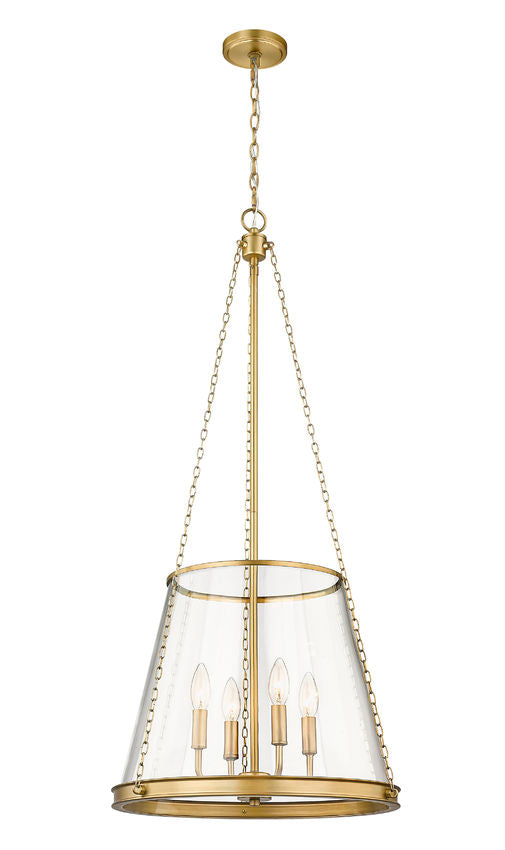 Brass glass pendant light with tapered shade and four candle bulbs.