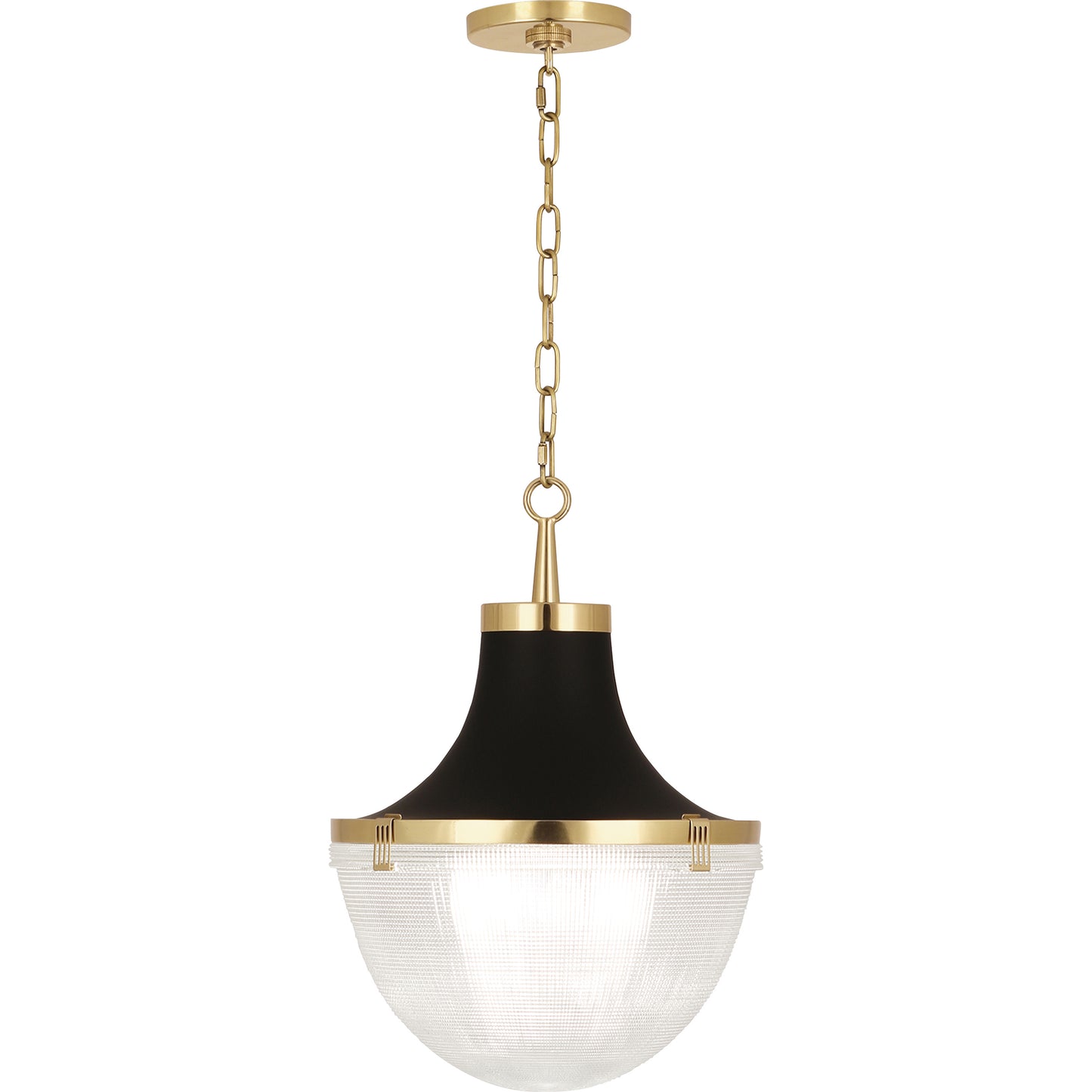 Brighton pendant light with modern brass finish, matte black hood, and clear Holophane glass diffuser.