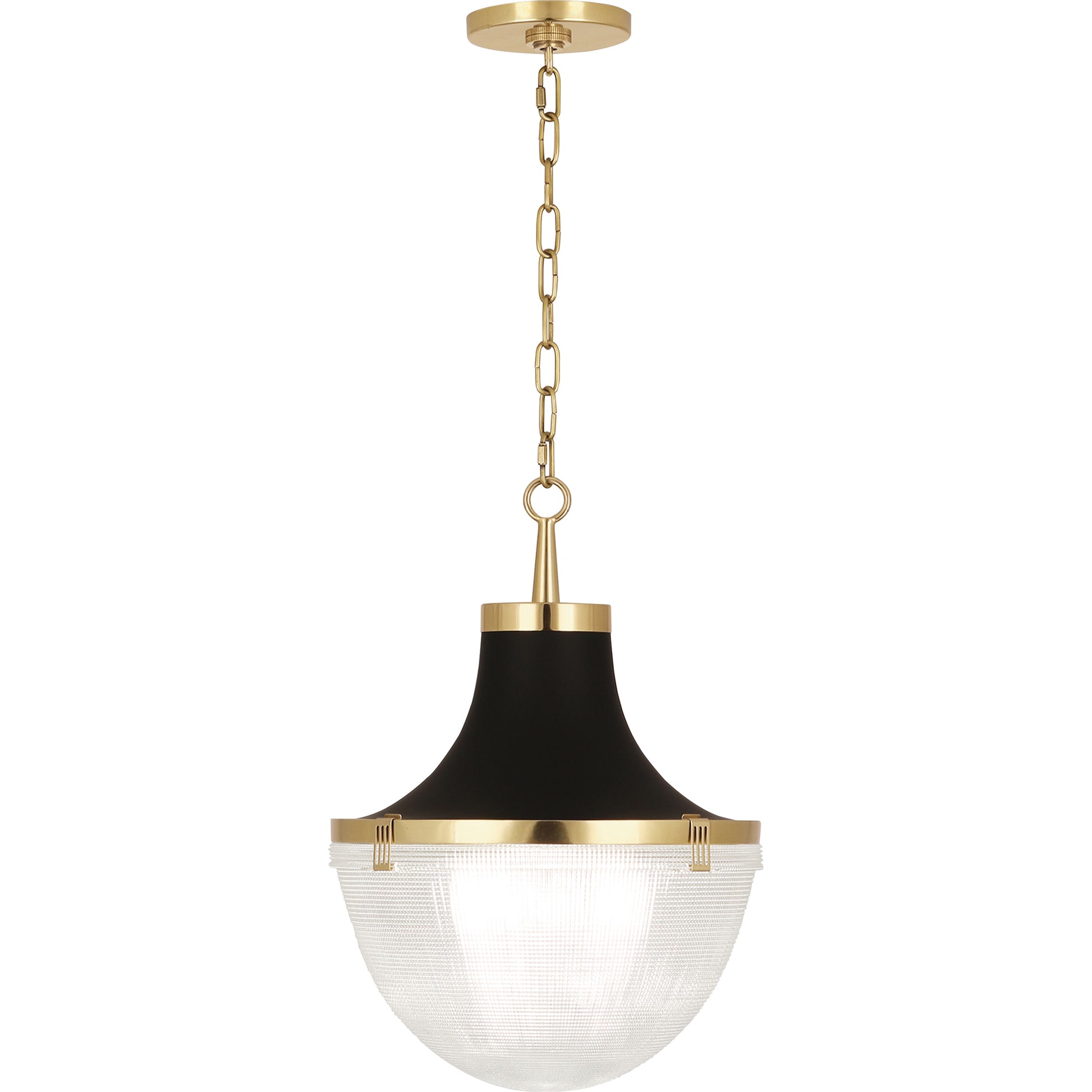 Brighton pendant light with modern brass finish, matte black hood, and clear Holophane glass diffuser.