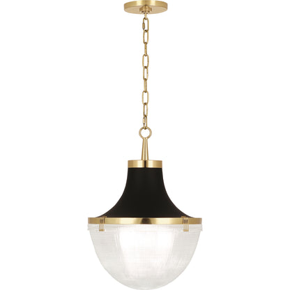 Brighton pendant light with modern brass finish, matte black hood, and clear Holophane glass diffuser.