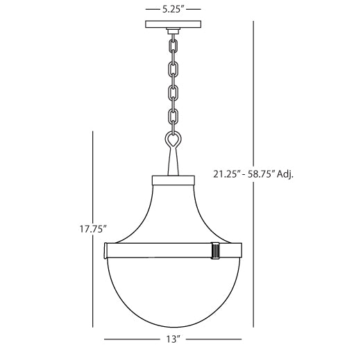 Line drawing of Brighton pendant light, showcasing dimensions and adjustable chain length.