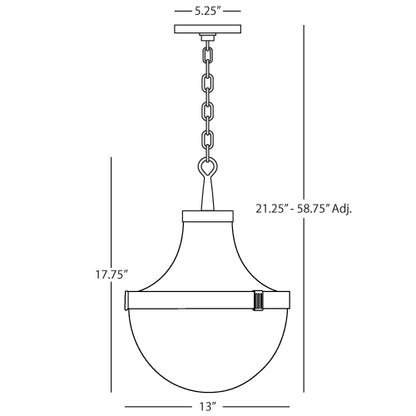 Line drawing of Brighton pendant light, showcasing dimensions and adjustable chain length.