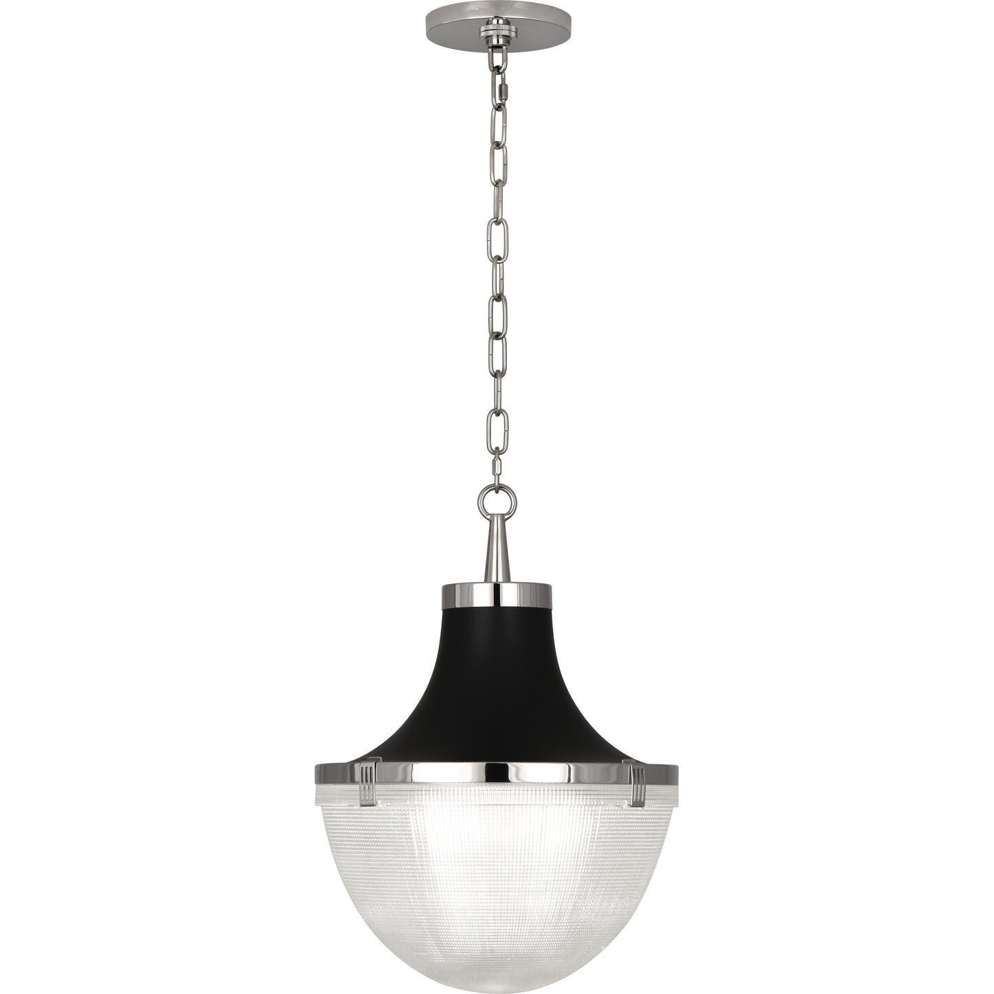 Brighton chain pendant light with polished nickel finish, matte black hood, and clear Holophane glass diffuser.