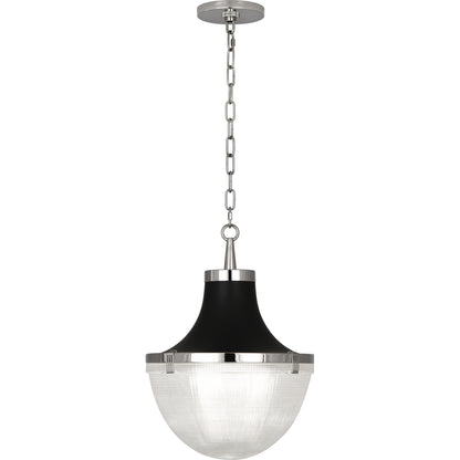 Brighton chain pendant light with polished nickel finish, matte black hood, and clear Holophane glass diffuser.