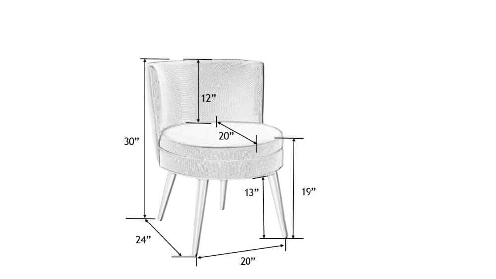 Dimensions illustration of the Surya Gabby dining chair showing measurements and ergonomic design.