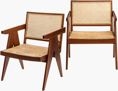 Pair of Surya Hague Rattan Dining Arm Chairs with brown rattan design, showcasing traditional style and comfort.