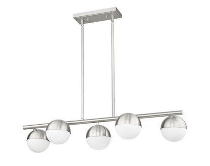 angled view of brushed nickel modern five-light island chandelier.