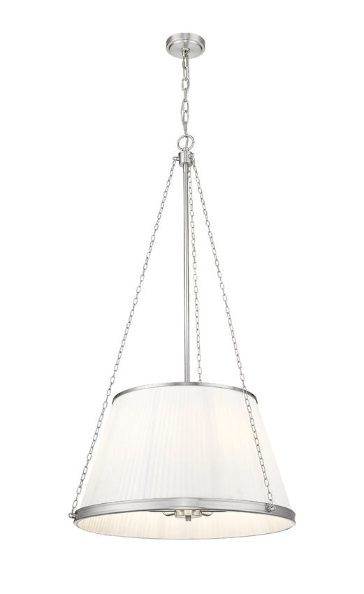 elegant brushed nickel pendant light with soft white linen shade.